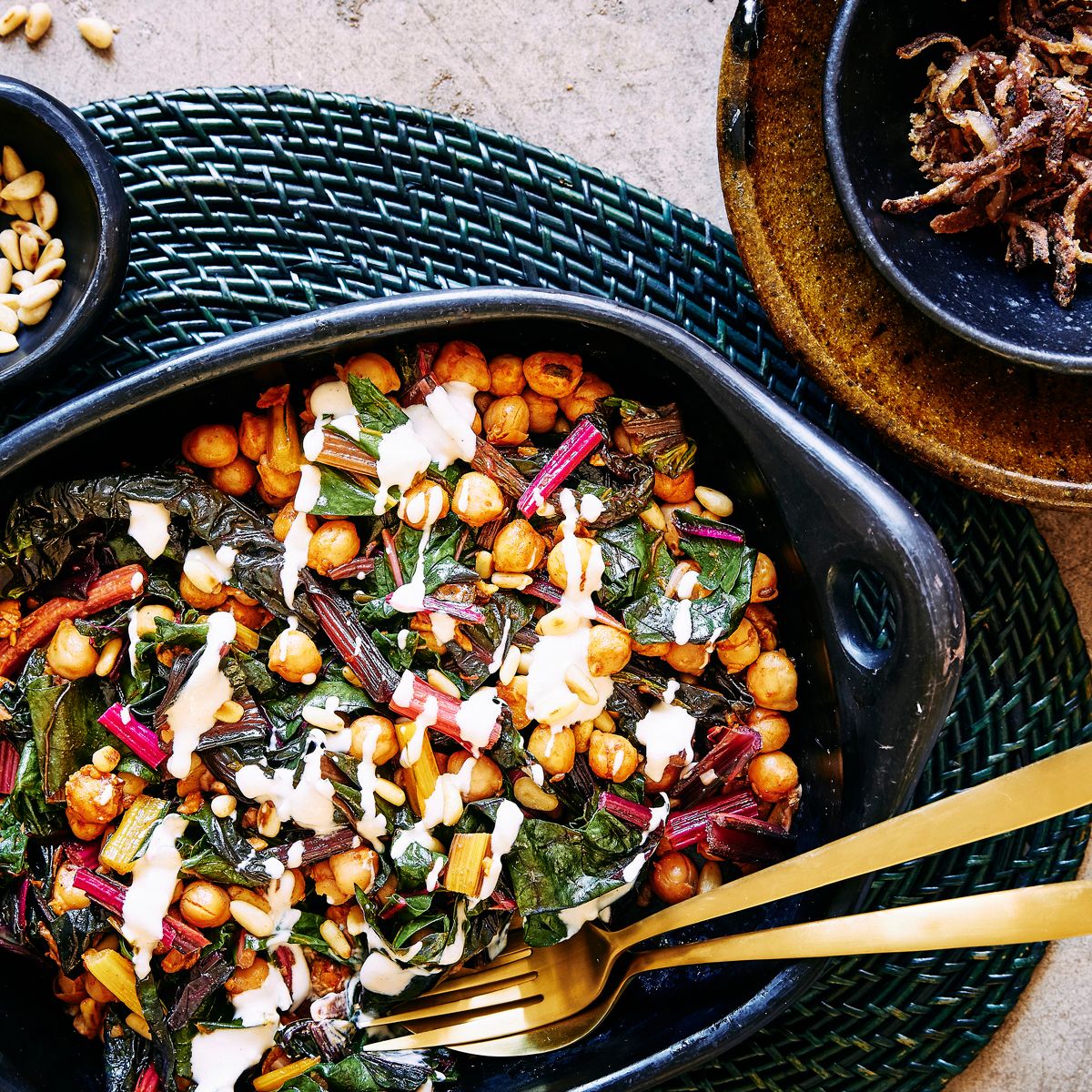 Rainbow Chard and Spiced Chickpea Salad with Pine Nuts