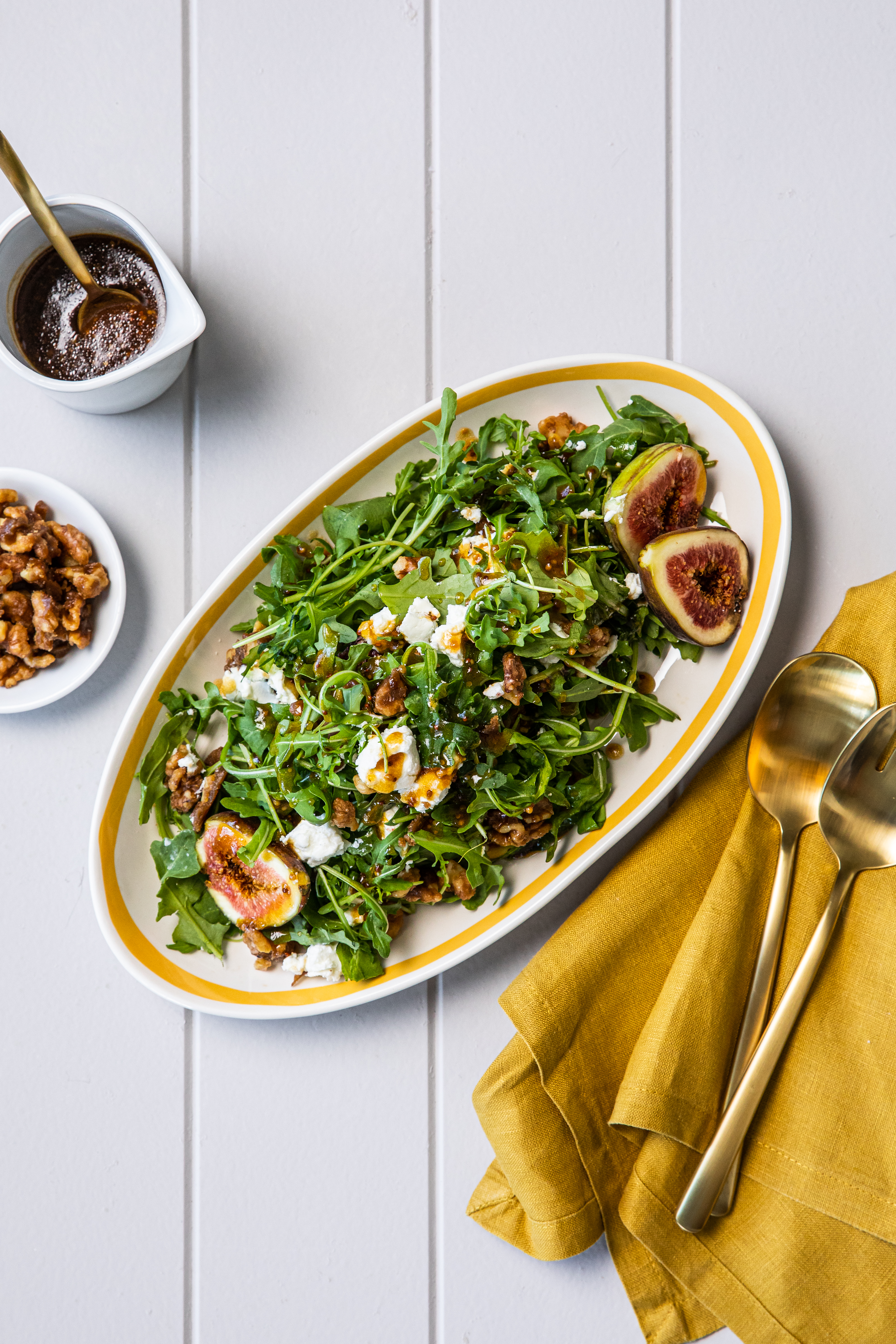Seasonal salad of rocket, sugared walnuts and figs with a balsamic honey drizzle 